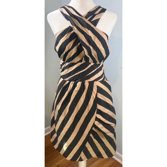 leifsdottir Dresses & Skirts - Leifsdottir Anthropologie Striped Halter Dress Sz 12 Silk Cotton Blend Black Tan